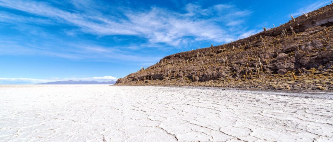 Vista de un salar en el norte argentino con montañas de fondo, representativo de las zonas de Jujuy y Catamarca donde se desarrollan proyectos de litio.