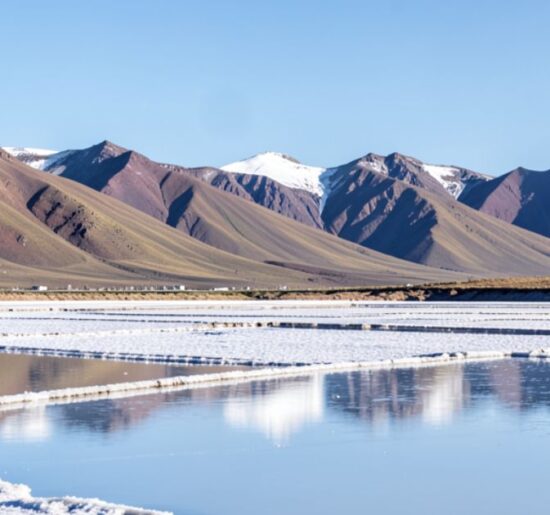 Salinas de la Puna argentina con montañas al fondo, donde se forman salmueras ricas en litio