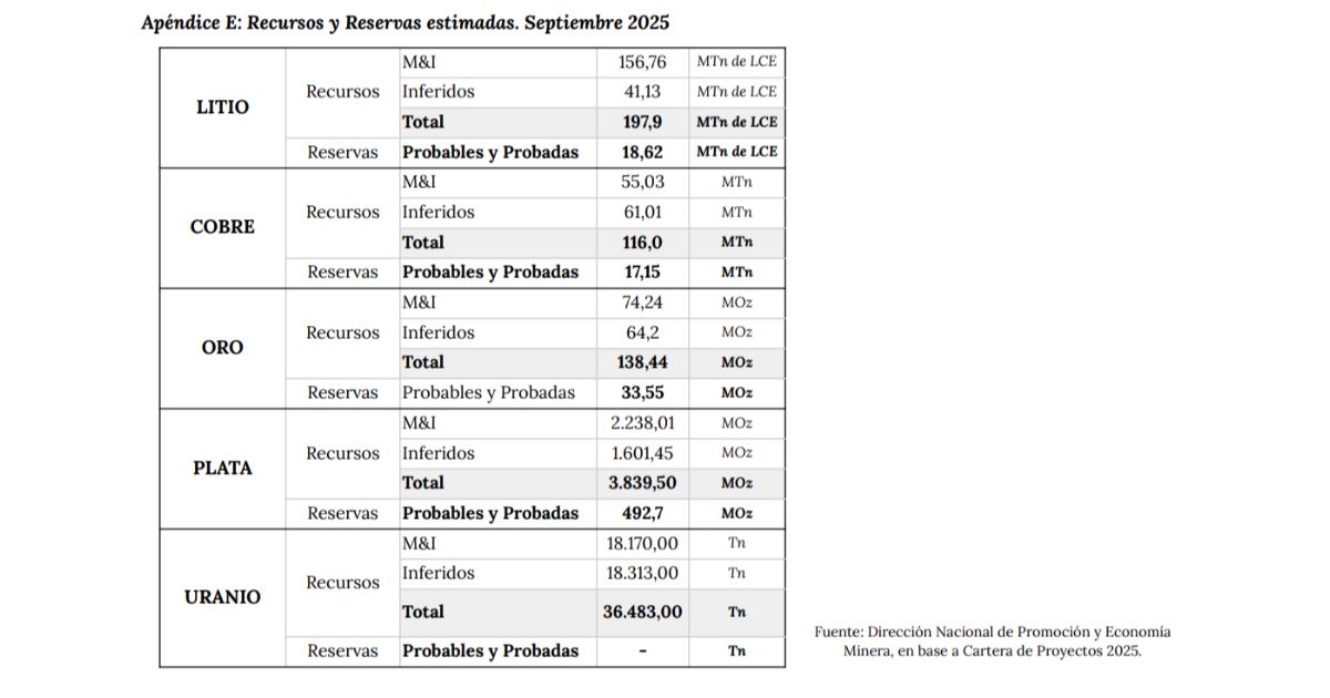 Recursos y Reservas estimadas (Fuente: Dirección Nacional de Promoción y EconomíaMinera)