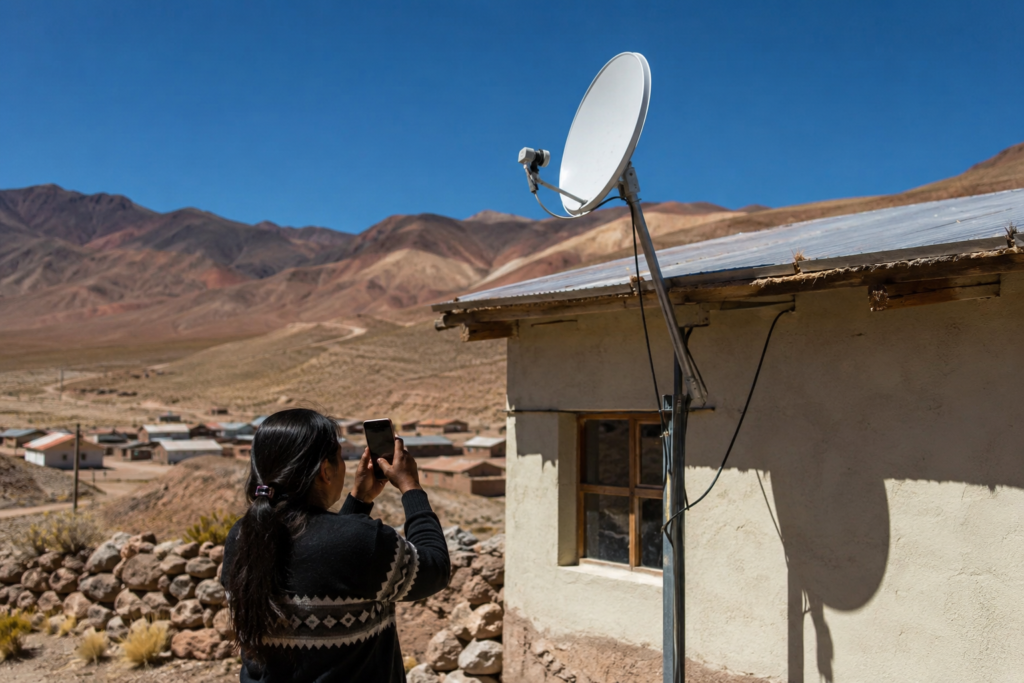 Mujer utiliza un teléfono móvil junto a una antena de internet satelital en una comunidad del litio de la Puna argentina.