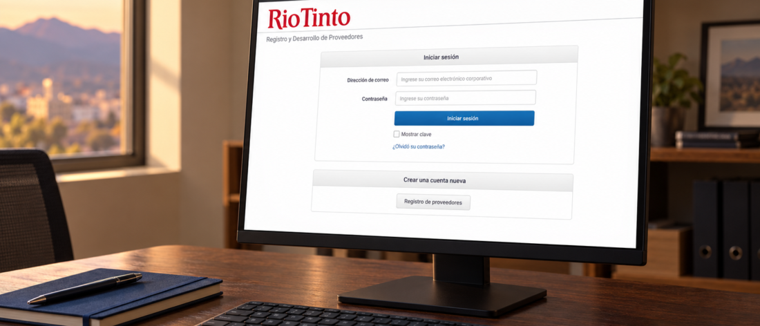 Monitor sobre un escritorio con la pantalla de inicio del Portal de Proveedores de Rio Tinto y las opciones de acceso y registro.