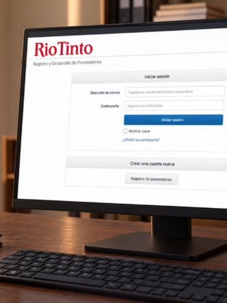 Monitor sobre un escritorio con la pantalla de inicio del Portal de Proveedores de Rio Tinto y las opciones de acceso y registro.
