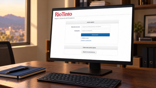 Monitor sobre un escritorio con la pantalla de inicio del Portal de Proveedores de Rio Tinto y las opciones de acceso y registro.
