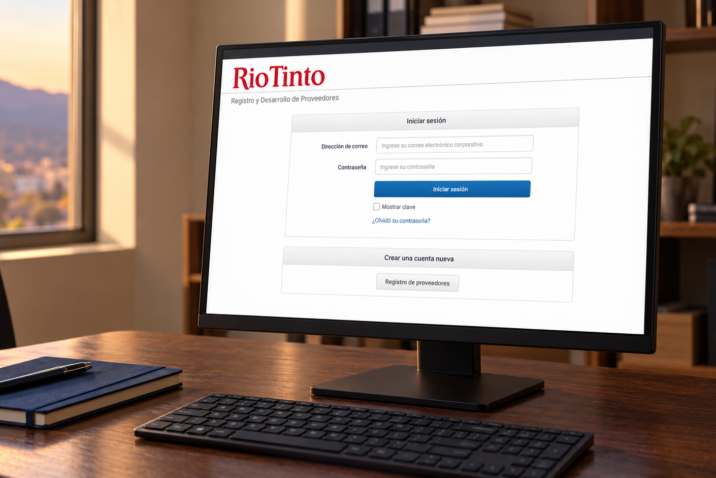 Monitor sobre un escritorio con la pantalla de inicio del Portal de Proveedores de Rio Tinto y las opciones de acceso y registro.