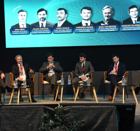 Panelistas y moderadores sentados sobre el escenario de Litio en Sudamérica 2026, con una pantalla que identifica a los participantes.